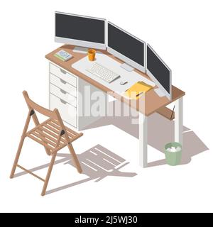 Designer, videographer, digital artist or programmer work place with three computer monitors standing in row on desk, folding chair, trash can isolate Stock Vector