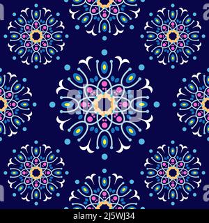 Beautiful seamless mandala flowers pattern. Stylish floral design template. Tileable retro ornament. Colorful, navy blue, pink, beige, yellow Stock Vector