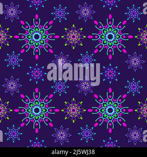Seamless mandala flowers pattern in purple color background. Colorful Abstract neon floral design template. Tileable retro ornament. Stock Vector