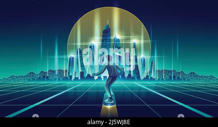 Skateboarding in virtual reality cartoon vector background. Man flying on levitating skateboard under glossy surface with glowing neon grid to futuris Stock Vector