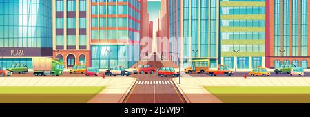Traffic jam on city streets cartoon vector concept with lots of cars, passenger, cargo, taxi, police vehicles and bus going on road crossing near metr Stock Vector