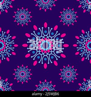 Beautiful seamless mandala flowers pattern. Stylish graphic design. Tileable retro ornament. Blue, cyan, magenta, purple Stock Vector