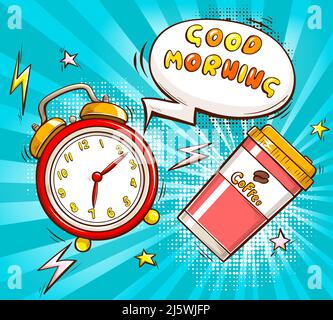 Good morning pop art vector banner, poster template. Ringing in seven AM alarm clock, coffee paper cup with plastic lid illustration on striped, dotte Stock Vector