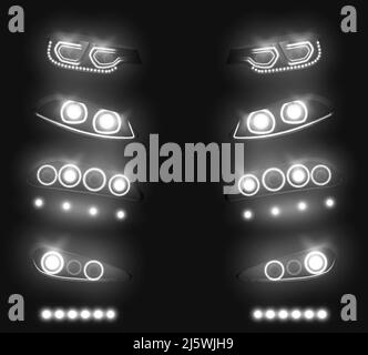 Modern car front, back headlights realistic vector set. Switched and glowing white in darkness, vehicle LED, xenon or laser running lights illustratio Stock Vector