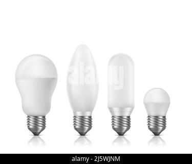 Different shapes and size, fluorescent or LED light bulbs with white matt glass and E27 base 3d realistic vector set isolated on white background. Hig Stock Vector