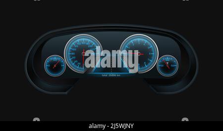 Car digital dashboard screen with glowing blue speedometer, tachometer, fuel level, engine temperature indicators scales realistic vector isolated on Stock Vector