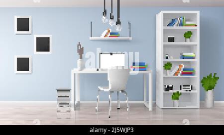 Home workplace, modern office room sunny, minimalistic style interior in pastel colors realistic vector with white furniture, laptop on desk, rack and Stock Vector