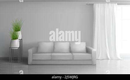 Home living room, apartment hall realistic vector sunny interior in classic style mockup with empty grey wall behind soft sofa, long white curtain on Stock Vector