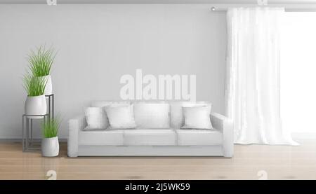 Home living room minimalistic, sunny interior in white colors realistic vector mockup with sofa on laminate floor, long, heavy curtain on window rod, Stock Vector