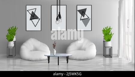 House hall, modern apartment sunny living room 3d realistic vector interior with coffee table near two beam bag chairs in middle of room, paintings, p Stock Vector