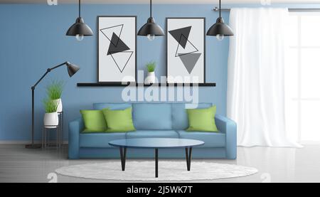Comfortable house or apartment living room 3d realistic vector modern interior mockup with soft sofa, glass coffee table, paintings on wall, white car Stock Vector