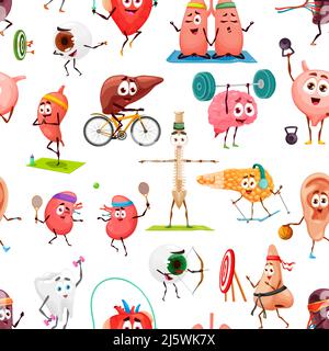 Cartoon funny organs seamless pattern, human body parts and anatomy vector background. Pattern of organs characters in sport and fitness, brain with barbell, kidney playing tennis and liver on bicycle Stock Vector