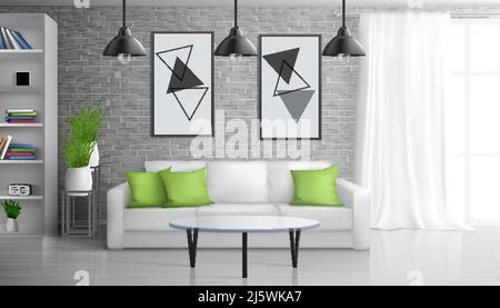 Apartment living room, open office lounge area interior realistic vector background with coffee table near sofa, paintings on brick wall, bookshelves, Stock Vector
