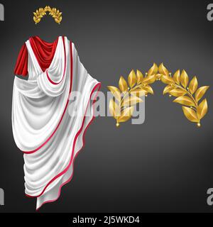 Ancient white toga on red tunic and golden laurel wreath 3d realistic vector isolated on black background. Roman empire emperor, glorious republic cit Stock Vector