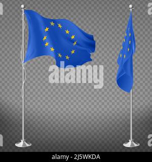 Council of Europe, European Union or Commission flag lying, fluttering on flagpole 3d realistic vectors isolated on transparent background. Internatio Stock Vector