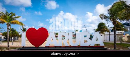 ORANJESTAD, ARUBA - MARCH 31, 2022: I love Aruba sign at the cruise port in Oranjestad, Aruba Island. Stock Photo