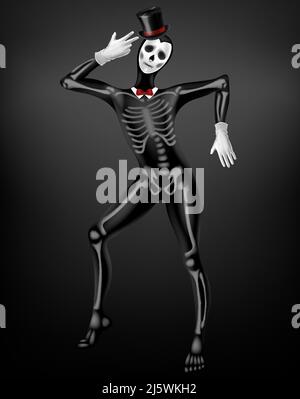 Mime in death or deceased tight suit with skeleton bones, skull drawing on black fabric, top hat, white gloves 3d realistic vector. Halloween party, M Stock Vector