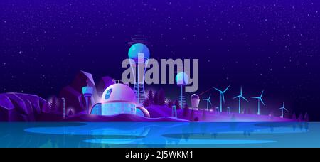 Green eco city, alternative clean energy, ecology friendly town, environment. Weather stations and wind mill turbines on lake coast at night. Sustaina Stock Vector