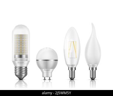 Flame, globe, tubular, candle shapes light LED bulbs with different types of base and filament element 3d realistic vector set isolated on white. High Stock Vector
