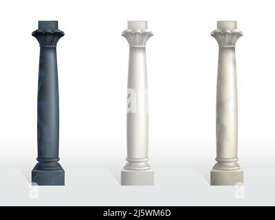 Cylindrical columns of black, white and beige marble stone with petals and rings on capital realistic vector set isolated on white background. Ancient Stock Vector
