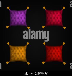 Needle pads set, sewing pillows with tassels isolated on black background. Colorful pincushions with quilted buttoned fabric texture, tailoring equipm Stock Vector