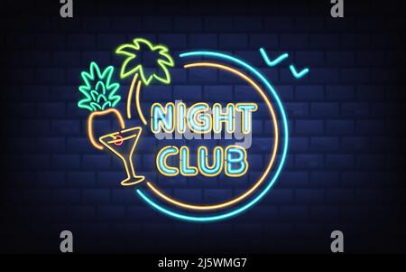 Resort night club, beach cocktail bar retro signboard with palm tree, coconut, cocktail glass glowing blue, yellow, green fluorescent, neon lines on b Stock Vector