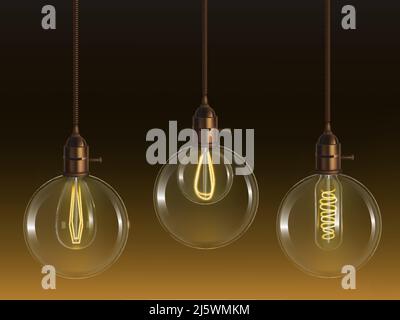 Glowing vintage glass ball lamps with globe and tubular shape retro incandescent bulbs, heated filaments inside, handing from above on wire 3d realist Stock Vector