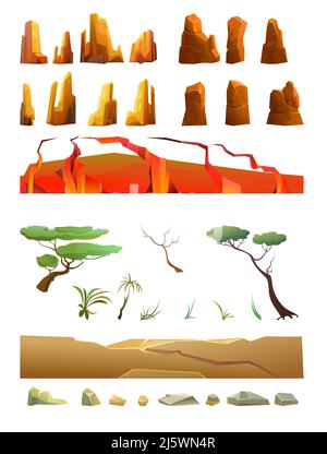 Set of Rocky landscape. Isolated on white background. Sharp stone cliffs. View of an uninhabited planet. Cracks in earth crust. Desert during the day. Stock Vector