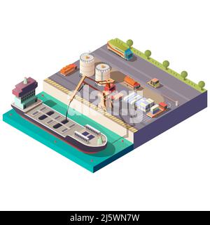 Delivering petroleum or oil by sea isometric vector. Crane pumping liquid cargo from tanker ship in quay, trucks transporting fuel and containers from Stock Vector