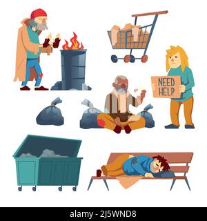 Homeless old man sleeping with help sign illustration Stock Vector ...