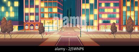 Night metropolis illuminated, empty street cartoon vector background with skyscrapers, stores and cafes glowing showcases, city road crossing with cro Stock Vector