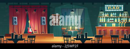 Music bar, beer pub with live performances cartoon vector interior. Bar counter desk, tables and chairs, guitar on stage illustration. Famous musician Stock Vector