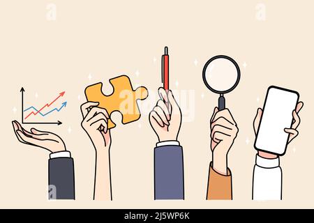 Hands of people holding various work tools and equipment. Businesspeople use stationery for job, phone, magnifier and pen. Office and job supplies. Flat vector illustration.  Stock Vector