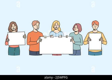 Diverse people protesters with mockup placards on manifestation or protest. Men and women activists with banners or signs on street demonstration or revolution. Vector illustration.  Stock Vector
