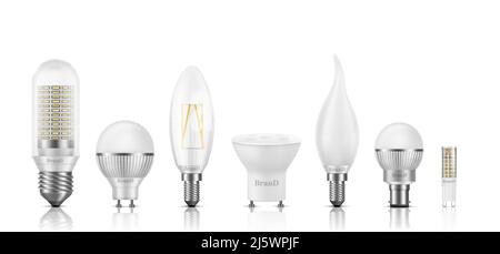 Different shape, size, base and filament types LED bulbs 3d realistic vector set isolated on white. Powerful, high-efficient, long lifespan lamps with Stock Vector