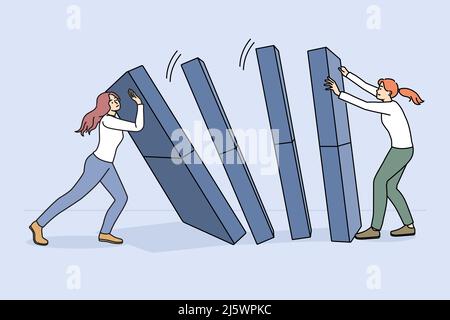 Businesswoman hold domino prevent from falling down. Concept of domino effect and chain reaction. Risky business project or idea, financial company crisis. Flat vector illustration.  Stock Vector