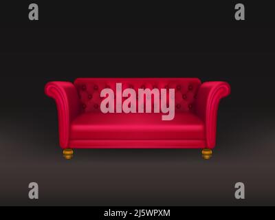 Red couch, sofa isolated on black background. Classic design furniture of leather, fabric buttoned quilted upholstery, modern dwelling interior design Stock Vector