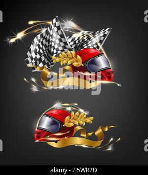 Auto, motorsport racing driver, race winner red, full face helmet with laurel leaves, waving checkered finish flags and golden ribbon, surrounded by f Stock Vector