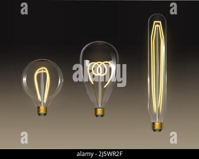 Filament bulbs set. Retro edison lamps, incandescent vintage lightbulbs of different shapes and forms with heated wire isolated on dark background, de Stock Vector