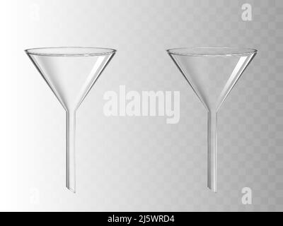 Glass funnel, glassware for chemical laboratory isolated on transparent background, filter instrument for liquids filtration, medical science lab equi Stock Vector