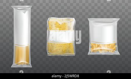 Pasta in transparent package with blank label set, dry packaged fusilli macaroni spirals and spaghetti isolated on background, design elements for foo Stock Vector