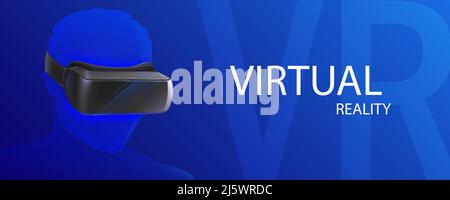 Vr Virtual reality glasses banner, goggles on human head, mask gadget for playing smartphone games in digital cyber space, electronic innovative devic Stock Vector