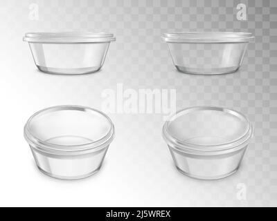 Glass jars set, empty open containers for canning with thread for cap in different positions, package for preserving food, products isolated on transp Stock Vector