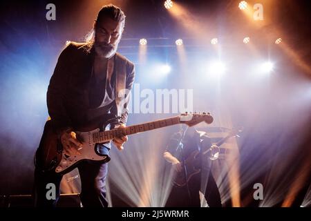 Roskilde, Denmark. 09th, April 2022. The Danish band Michael Learns to Rock performs a live concert at Gimle in Roskilde, Copenhagen. Here guitarist Mikkel Lentz is seen live on stage. (Photo credit: Gonzales Photo - Thomas Rungstrom). Stock Photo