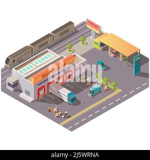 Isometric warehouse and petrol station, delivery company shipping service, logistics center with cargo trucks loading goods at parking gates, filling Stock Vector