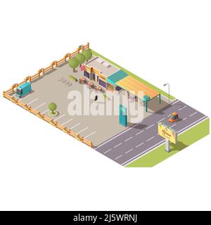 Isometric roadside cafe and gas station buildings, road cafeteria with car and bcycle parking, terrace area with tables, menu, petrol price signboard. Stock Vector