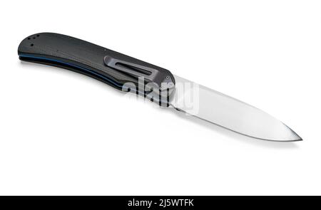 Unfolded folding knife with black handle and blue titanium liner lock. Stock Photo
