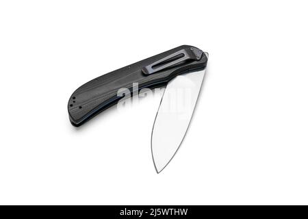 Folding knife with black handle and blue titanium liner lock. Stock Photo