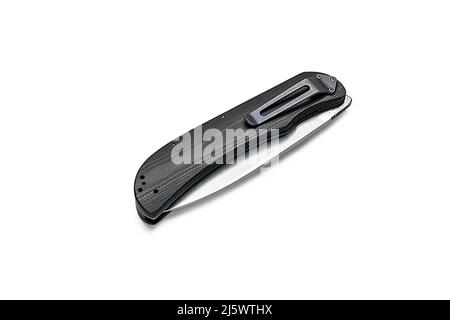 Folding knife with black handle and blue titanium liner lock. Stock Photo