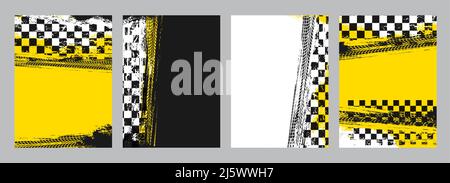 Rally racing sport grunge background, vector checkered flag and tire tracks road race pattern. Racing car or speed auto wheel tyre tread dirty marks or tracks with start or finish racing flags Stock Vector